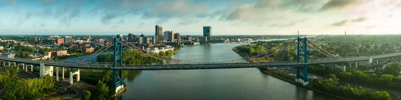 Anthony Wayne Bridge over the Maumee River in Toledo, Ohio - Aerial view